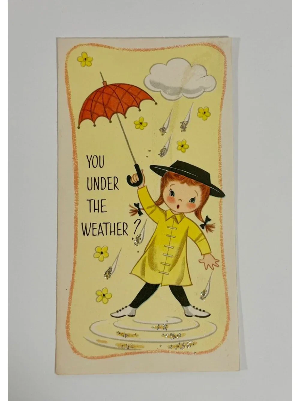 Vintage Get Well Soon Greeting Card Glitter Accents Girl In Yellow Raincoat & Um
